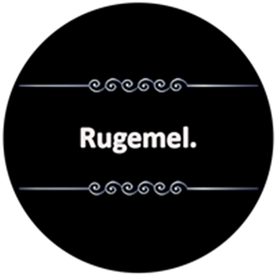 Billedet viser teksten Rugemel på en sort baggrund, indrammet af dekorative elementer.