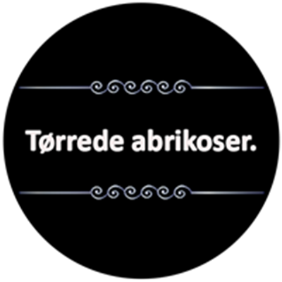 Billedet viser teksten Tørrede abrikoser på en sort baggrund, prydet med dekorationer.