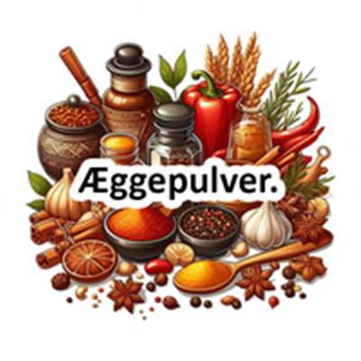 En samling af krydderier, æggepulver og ingredienser til madlavning.