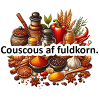 Et farverigt udvalg af krydderier og ingredienser til fuldkorns couscous.