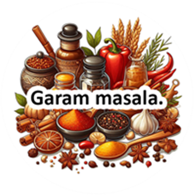 Et farverigt udvalg af krydderier og ingredienser til garam masala, præsenteret i en smuk opsætning.