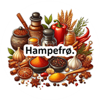 Et farverigt arrangement af krydderier, hampfrø og ingredienser til madlavning.