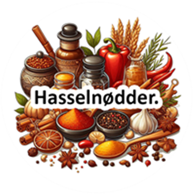 Et farverigt udvalg af krydderier, nødder og ingredienser til madlavning.