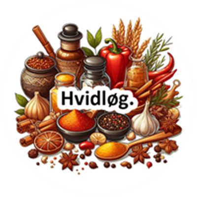 Et farverigt udvalg af krydderier, urter og ingredienser til madlavning, herunder hvidløg.