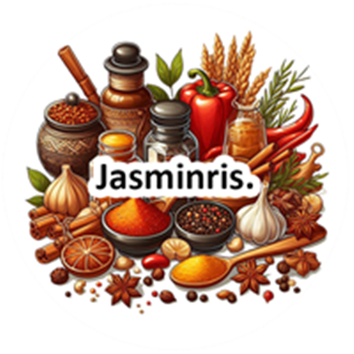 Et farverigt udvalg af krydderier og ingredienser til madlavning, inklusive jasminris.