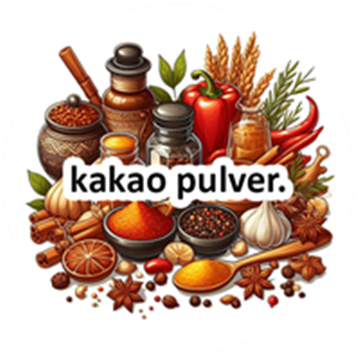 Et farverigt arrangement af krydderier, kakao, og ingredienser til madlavning.