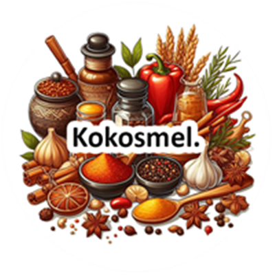 Et farverigt udvalg af krydderier og kokosmel præsenteret i en dekorativ opsætning.