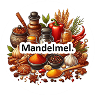 Et farverigt arrangement af mandelmel, krydderier og ingredienser til madlavning.