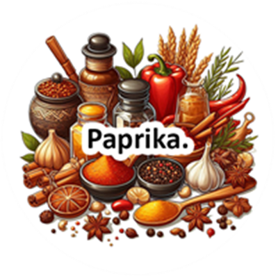 En farverig samling af krydderier og ingredienser med fokus på paprika.