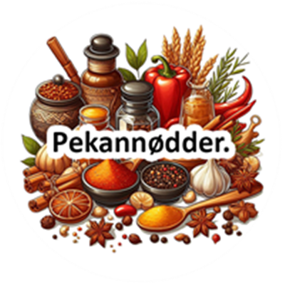 Et farverigt arrangement af krydderier, nødder og ingredienser til madlavning.