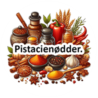 Et farverigt arrangement af krydderier, nødder og ingredienser til madlavning.