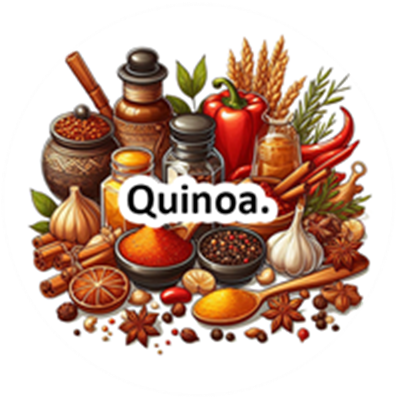 Et udvalg af krydderier, olier og quinoa præsenteret i en farverig komposition.