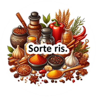 En farverig samling af krydderier, urter og sorte ris, der fremhæver madlavningens kunst.