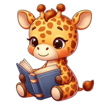 En sød, tegneserieagtig girafunge sidder og læser en bog med et smil.