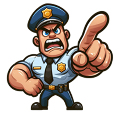 En muskuløs politibetjent med en vred udtryk, der peger med en finger.