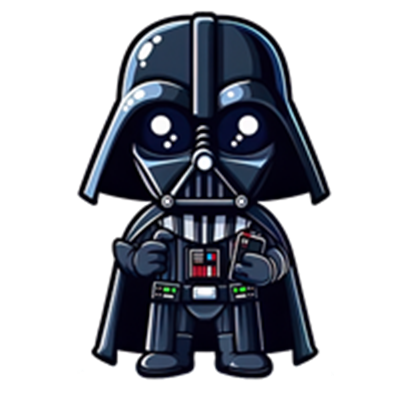 En sød, tegneserieagtig version af Darth Vader i sort dragt med store øjne.