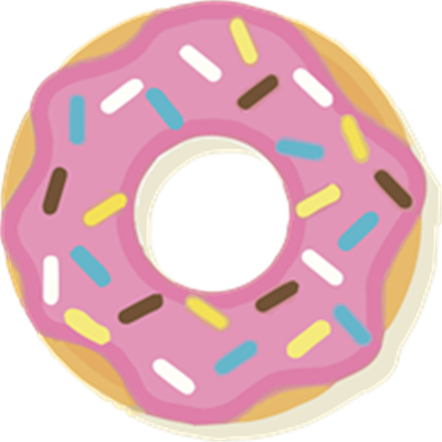 En rund donuts med pink glasur og farverig krymmel på toppen.