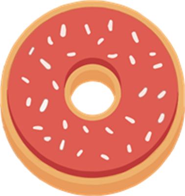 En illustreret donut med rød glasur og hvide strøelse på toppen.