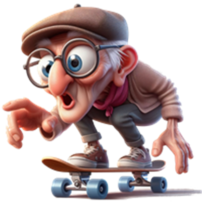 En humoristisk animeret ældre mand, der skater med overraskelse og energi.
