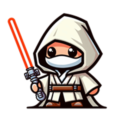 En sød, tegneserieagtig Jedi iført en hvid kappe, der holder en rød lyssabel.