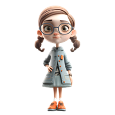 En animeret karakter med brune pandehår og briller iført en blå frakke og orange sko.