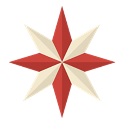 En stiliseret stjerneformet figur i rød og beige farver, der udstråler symmetri.