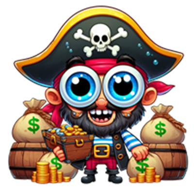 En farverig og humoristisk pirat med store øjne, omringet af penge og skatte.