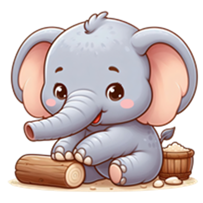 Et nuttet, tegnet elefantbarn sidder på en træstamme med et smil.