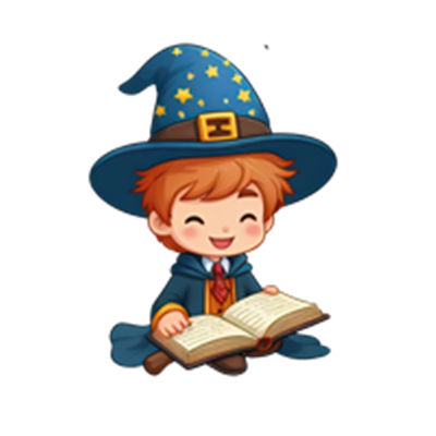 En glad dreng iført en troldmandshat, som sidder og læser i en bog.