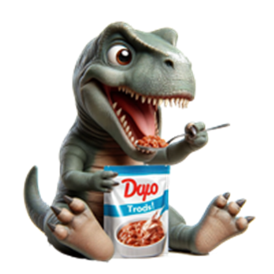 En tegneserieagtig dinosaur, der spiser fra en pakke Dyo snacks med en ske.