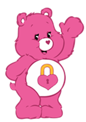 En farverig pink bjørn med et hjerte og en lås på maven, der vinker.