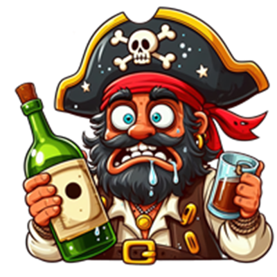 En tegneserie-sørøver med en rød bandana, der holder en flaske og et glas, ser forvirret ud.