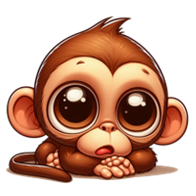 En nuttet, animeret abe med store, udtryksfulde øjne, der ser forundret ud.