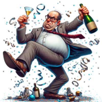 En overvægtig mand i jakkesæt danser med champagne og en drink, omgivet af festartikler.