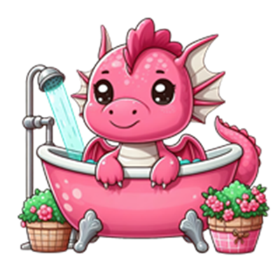 En farverig, tegneserieagtig drage sidder i et badekar, omgivet af blomster.