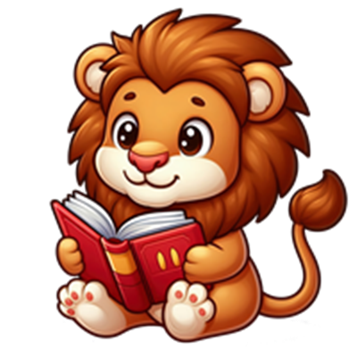 En sød, tegnet løve sidder og læser en bog med et venligt udtryk.