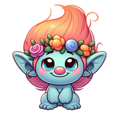En sød, farverig trold med blå hud og en blomsterkrans i sit lyserøde hår.