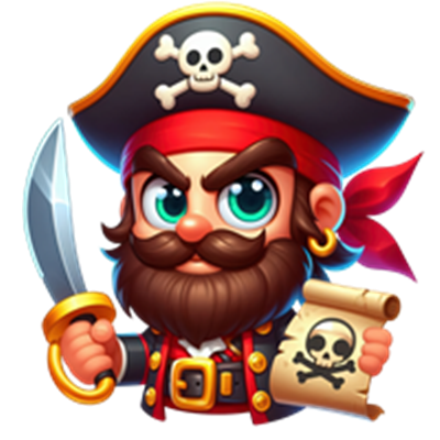 En farverig piratkarakter med sværd, øjenklap og skattekort.