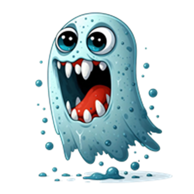 Et farverigt, cartoonagtigt spøgelse med store øjne og skarpe tænder, der ser ud til at råbe.