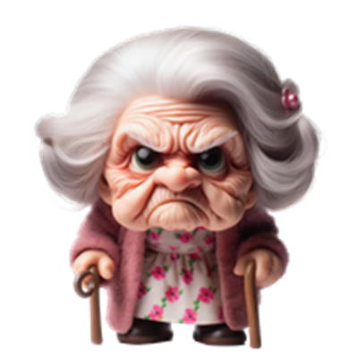 En humoristisk figur af en gammel dame med et vredt ansigt, iført en blomsterkjole.