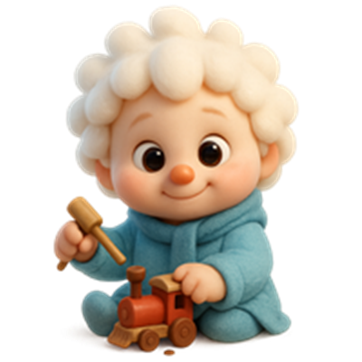 Et glad barn med krøllet hår sidder og leger med en lille træmodeltog.