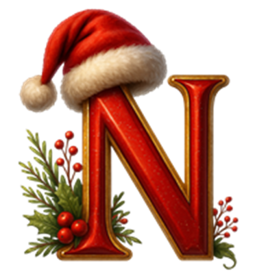Et dekorativt bogstav N iført en rød nissehue og omkranset af julegrønt.