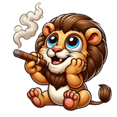 En tegneserieagtig løve med store øjne, der nyder en cigar og ser glad ud.