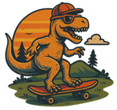 En farverig illustration af en dinosaur, der skater iført solbriller og kasket, med en solnedgang i baggrunden.