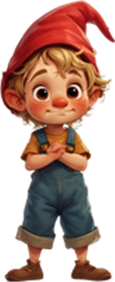 En glad dreng med en rød nissehat og blå overalls, der står med hænderne foldet.