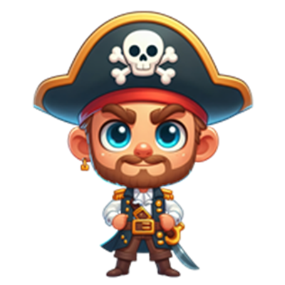 En farverig og venlig piratfigur med hat, skæg og sværd.