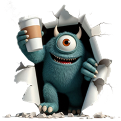 Et farverigt monster med et øje bryder gennem papirvæggen, mens det holder en kaffekop.