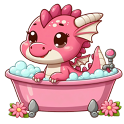 En nuttet pink drage sidder i et badekar fyldt med skum og blomster.