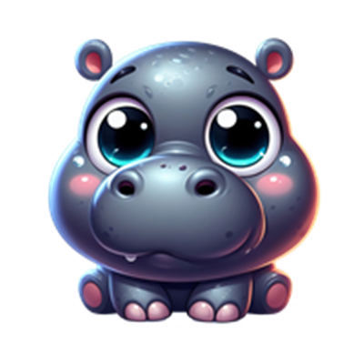 En farverig, tegneserieagtig flodhest med store øjne og en venlig mine.