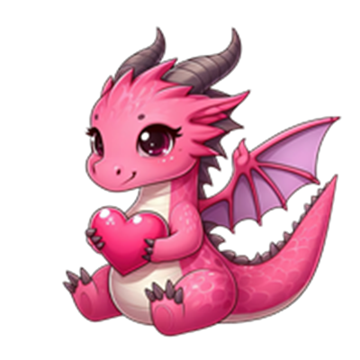 En lille, sød pink drage holder et hjerte, med store øjne og vinger.